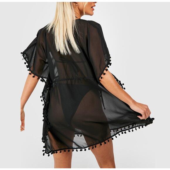 WEST LOOP Pom Pom Cover Up Beach Kaftan Sheer Plunge-Neck Black Womens One Size - Picture 2 of 5